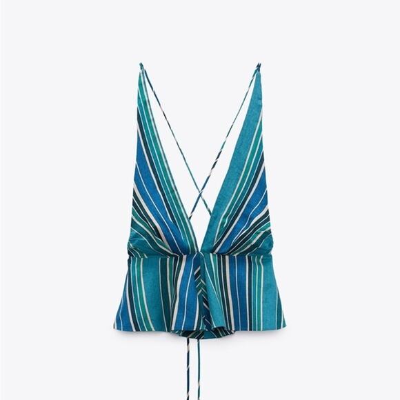 NWT Zara Linen Blend V-neck Sleeveless Striped Pattern Blouse Top Size Medium - Picture 1 of 7